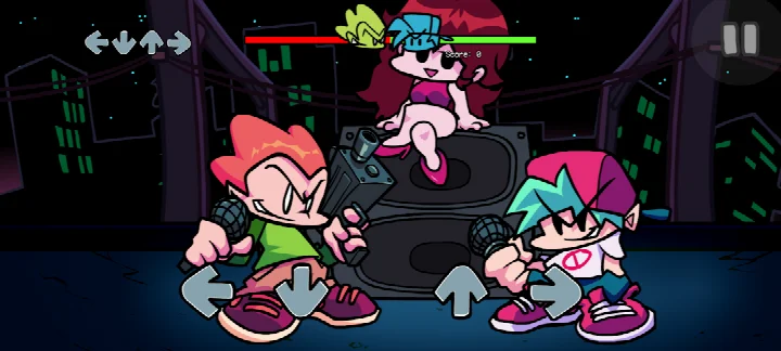Friday Night Funkin' screenshot of a boss fight against a disturbed adversary in a colorful stage.
