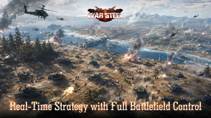 War Steel screenshot of real-time combat with explosions and infantry advancing