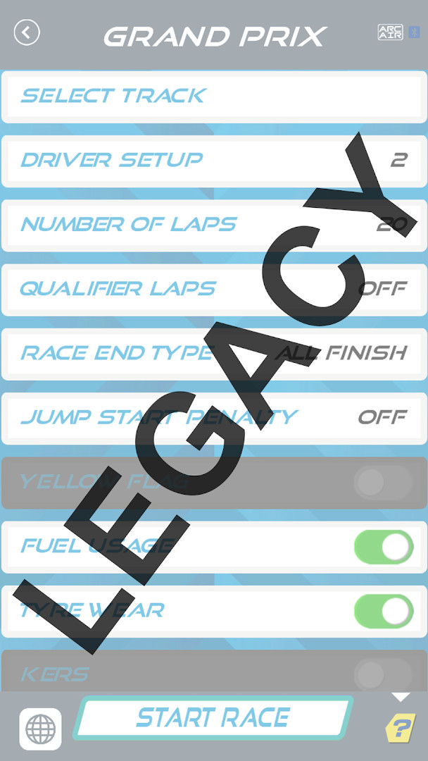 APP RACE CONTROL (LEGACY): live race view displaying lap times and positions during a slot car race.