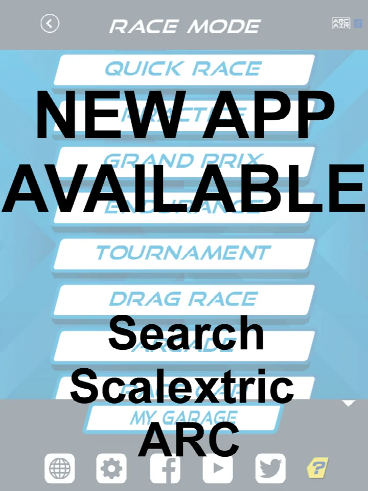 APP RACE CONTROL (LEGACY): car selection screen with thumbnails of different Scalextric cars.