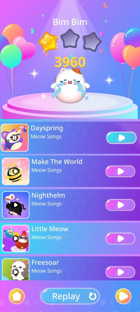 Dancing Cats: Duet Meow level map or challenge list with varying difficulty.