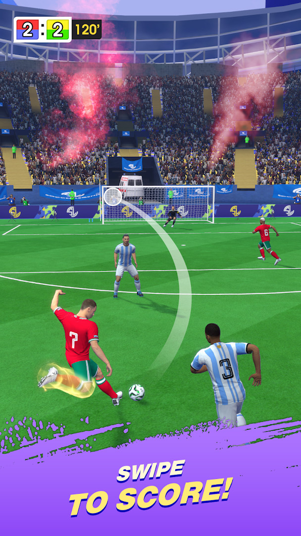 Soccer Legend gameplay screen with swipe controls and a goal in view