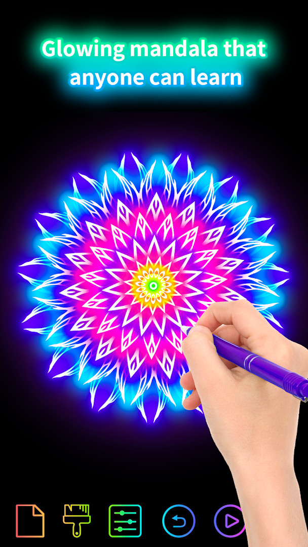 Pattern gallery showing over ten doodle pattern choices, including mandala flowers and shapes.