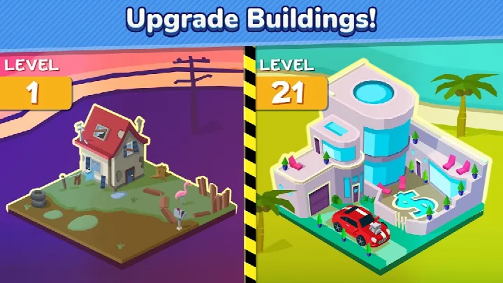 Taps to Riches - Idle Tycoon main screen showing a city skyline ready to tap for cash