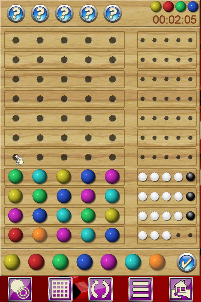 Enigma V+ be a mastermind. guess row showing accuracy clues after each attempt