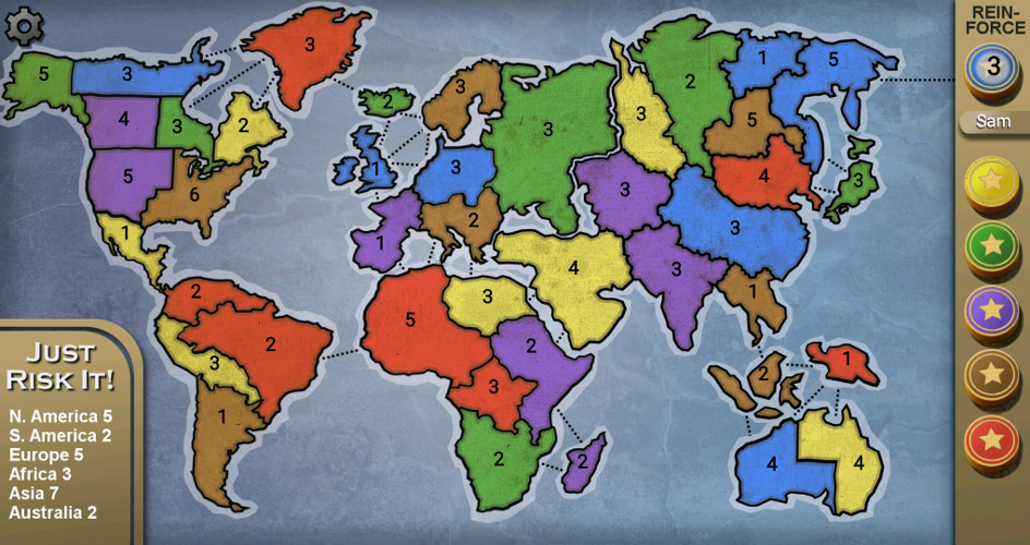 Just Risk It! main world map with territories and attack buttons