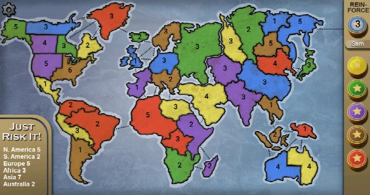 Just Risk It! main world map with territories and attack buttons