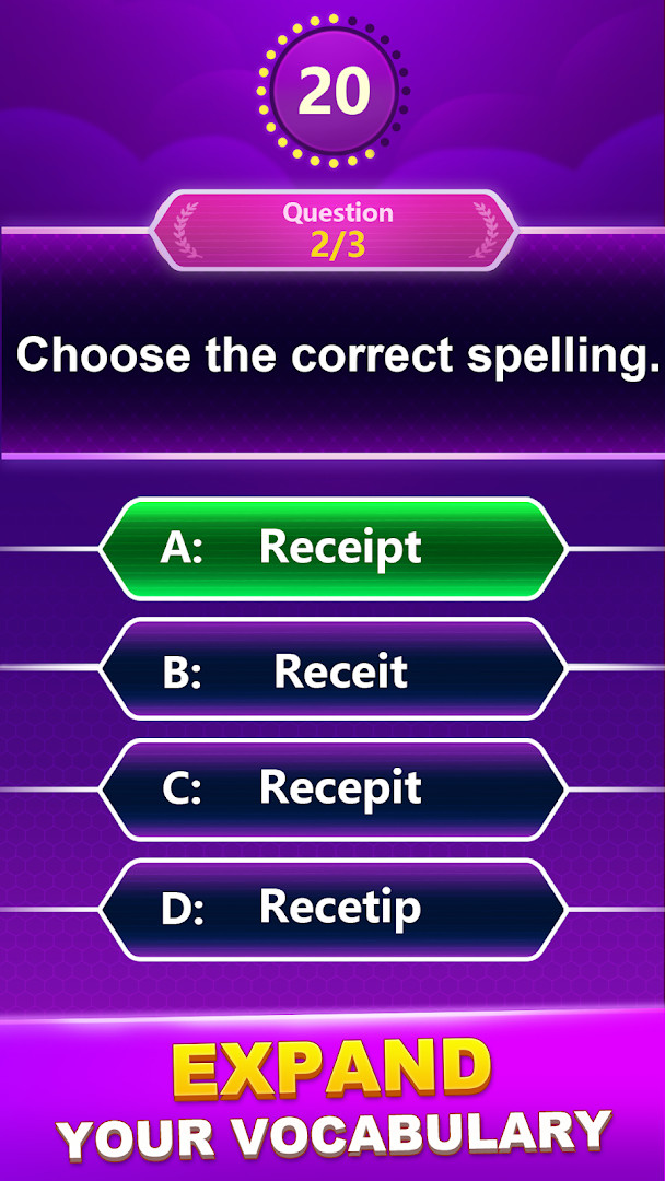 Spelling Quiz - Word Trivia gameplay showing a word with missing letters and answer options.
