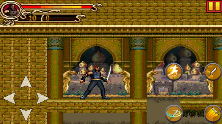 Side-scrolling action sequence with the prince using special attacks against dark forces.