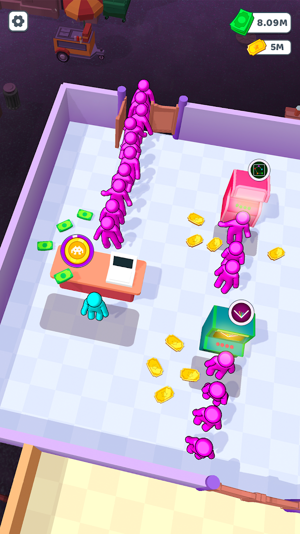 Bouncing Rainbow: Calm Clicker screenshot showing a cozy recreation room with tables for guests.