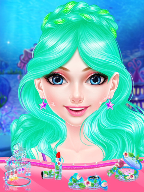 Game start screen with a mermaid princess and title.