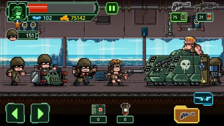 Metal Guns Fury: beat em up showing a battle in a destructible jungle environment.