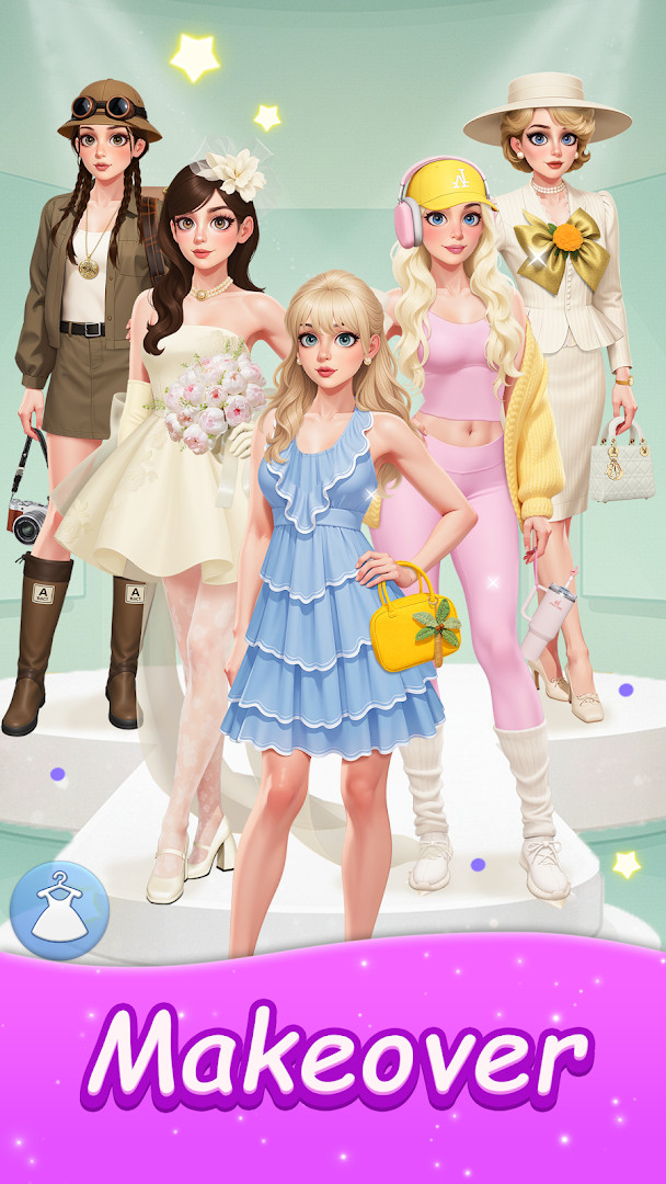 Dress-up screen with gowns, tops, and skirts options