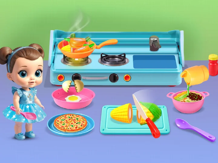 My Toy Set Mobile Game screenshot showing the toy fridge set with open doors and food products inside.