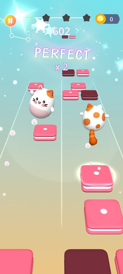 Dancing Cats: Duet Meow gameplay with a cat jumping on rhythm tiles to EDM beats.