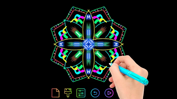 Kaleidoscope mode displaying a colorful pearl-brush pattern with symmetric mirror effects.