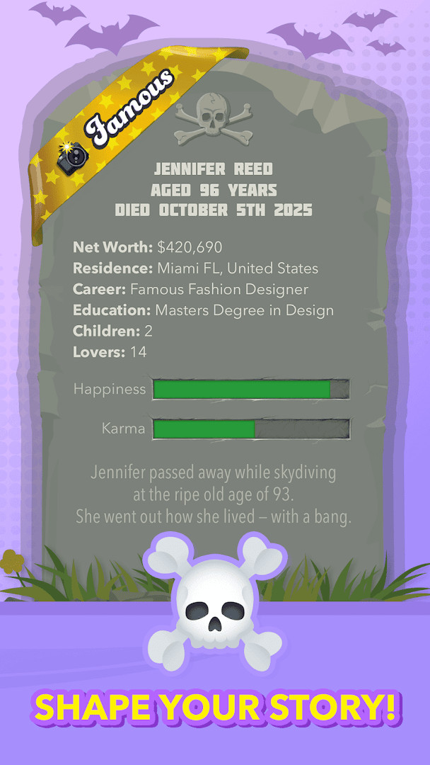 BitLife game summary of a character's life story after reaching old age.
