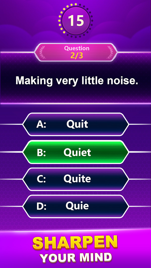 Spelling Quiz - Word Trivia level select screen displaying many trivia puzzle categories and progress.
