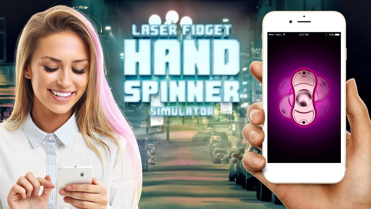 Screenshot of Laser fidget hand spinner displaying a laser spinner with a bright neon glow effect in a dark setting.