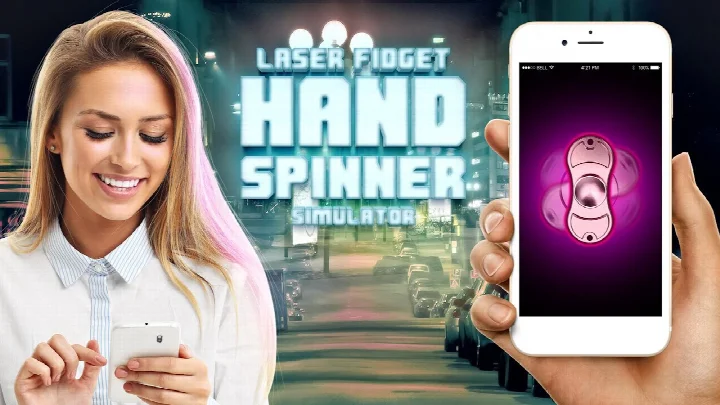 Screenshot of Laser fidget hand spinner displaying a laser spinner with a bright neon glow effect in a dark setting.