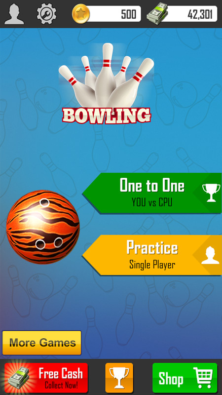 3D Bowling (new) 2017 alley view with pins set and ball ready.