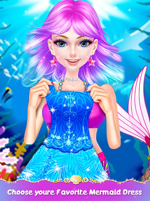 Dress-up closet with various mermaid gowns and accessories.