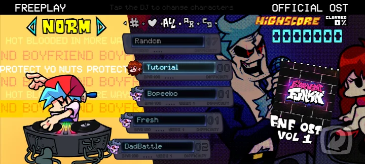 Friday Night Funkin' screenshot displaying the song selection screen with over 60 tracks listed.