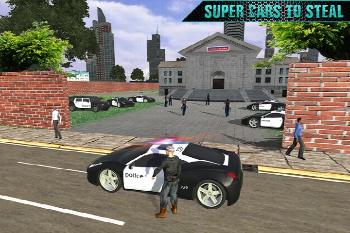 Impossible Police Transport Car Theft gameplay screenshot: player character approaching a police car in a city street