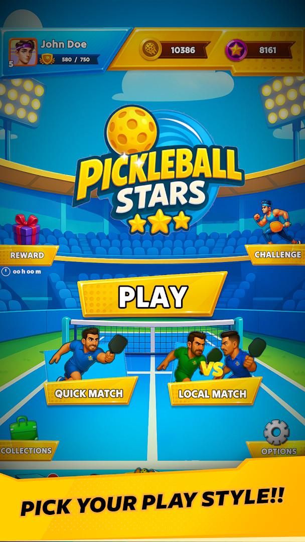 Pickleball Stars character customization screen with gear choices