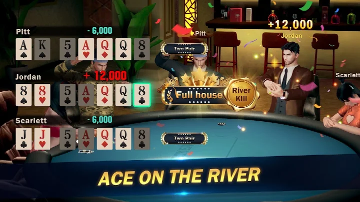 3D Texas Holdem poker table with realistic characters and card actions
