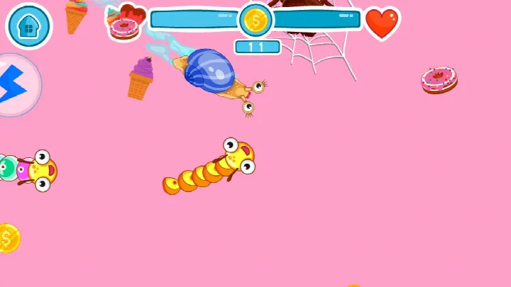 Gameplay view of guiding the worm toward fruit and coins.