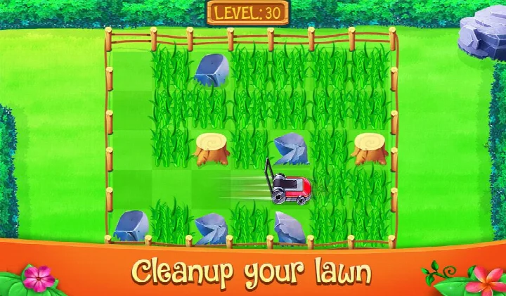 Lawn cleaning level where swiping moves the mower to cut grass