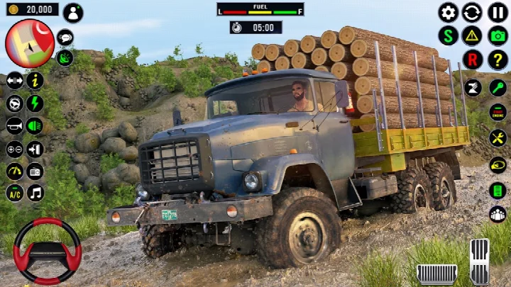 Mountain hill road with an oil tanker truck in a driving simulator