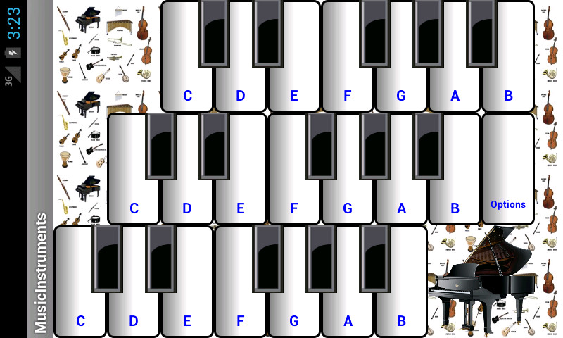 Main screen of (light) Music Instruments with a music keyboard spanning three octaves.