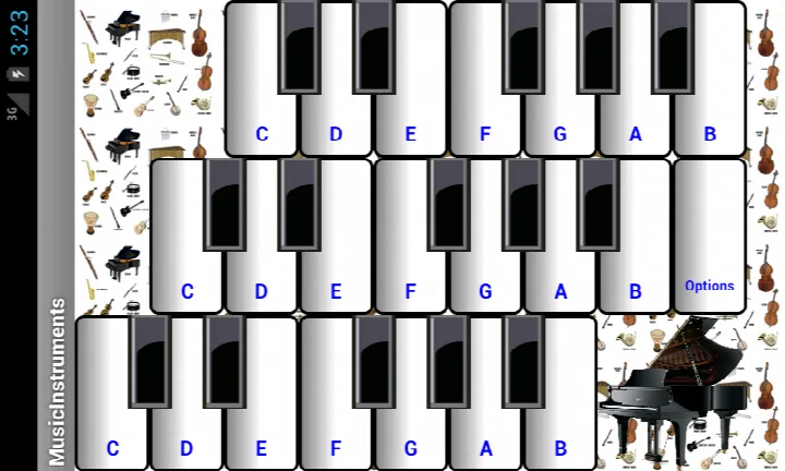 Main screen of (light) Music Instruments with a music keyboard spanning three octaves.