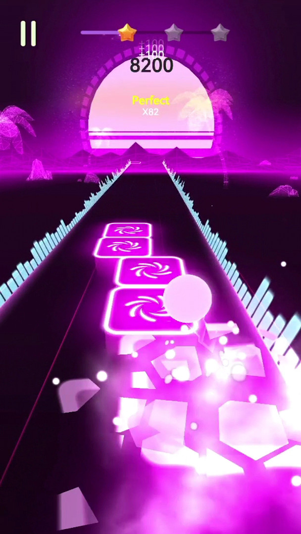 Gameplay screen showing score, coins, and rhythm tiles
