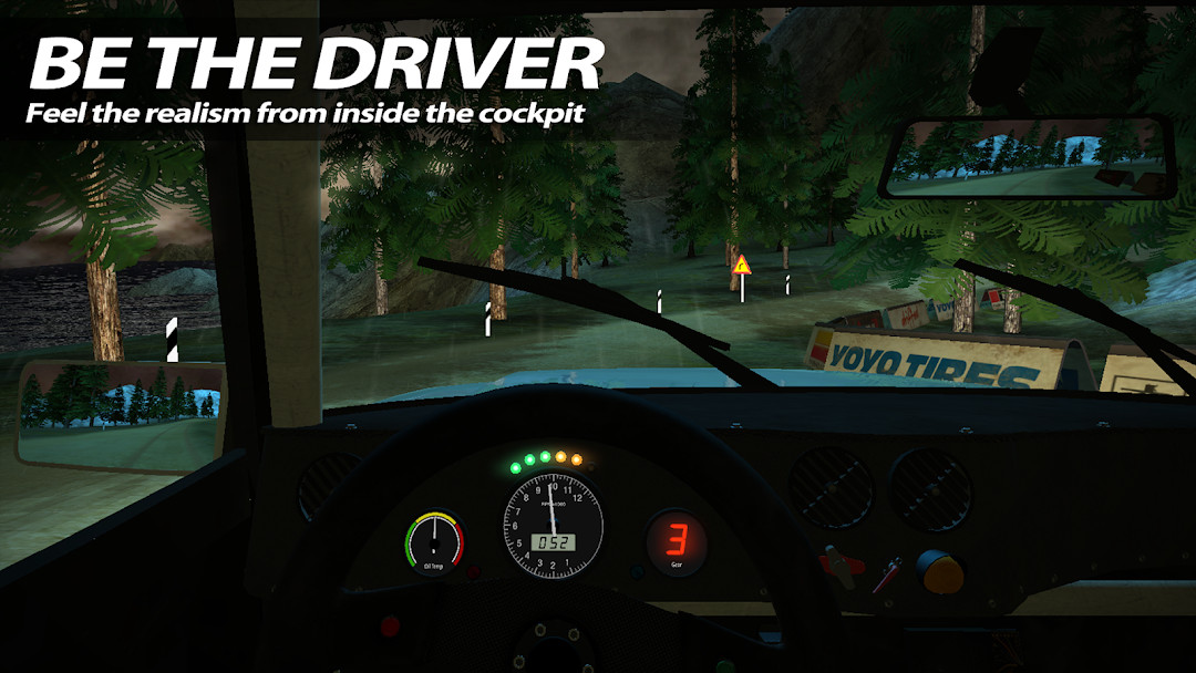 Rush Rally 2 main menu with rally car and race options