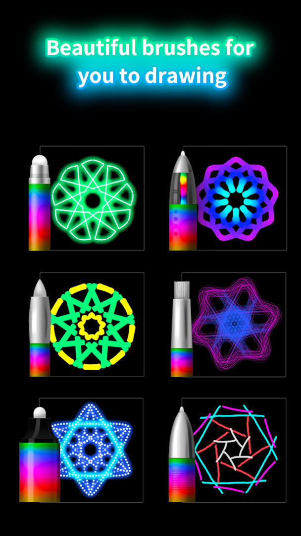 Glowing neon brush creating swirling lines on a dark canvas with bright color options.