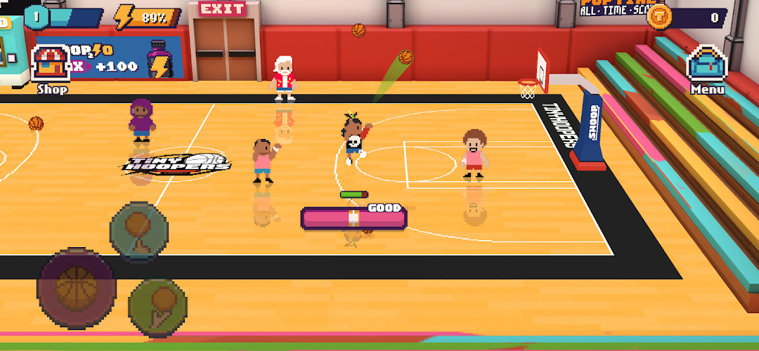 Pixel-art characters on a 3D playground court in TinyHoopers