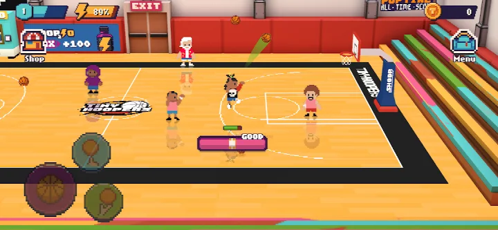 Pixel-art characters on a 3D playground court in TinyHoopers