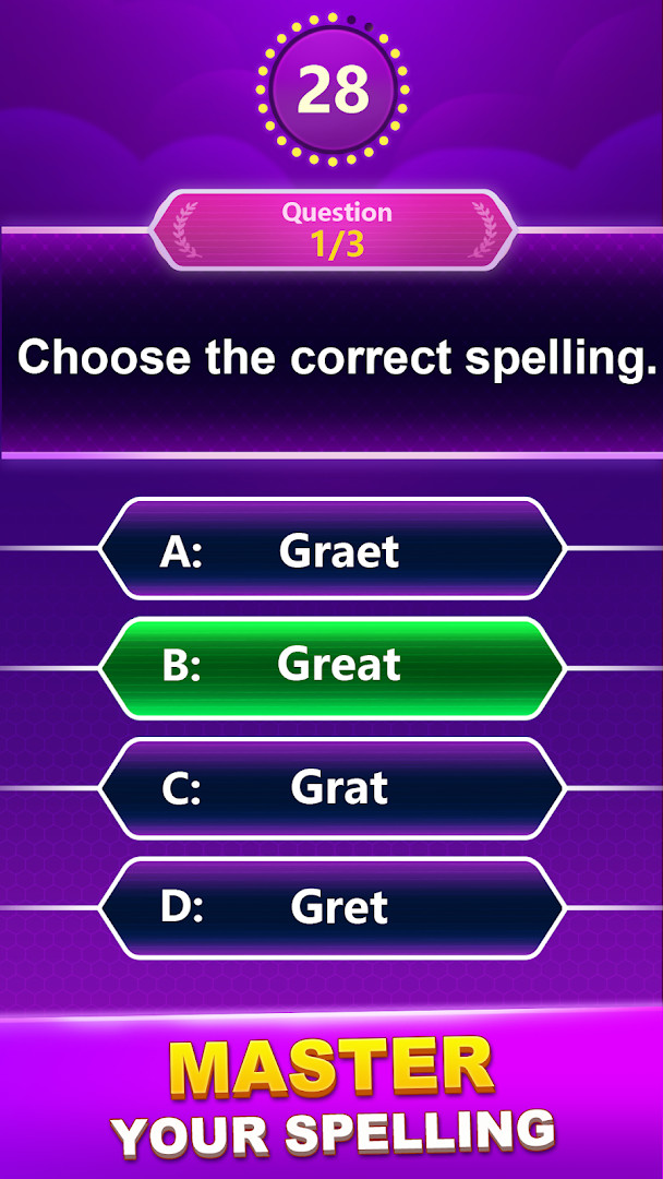 Main menu of Spelling Quiz - Word Trivia showing a spelling question with multiple letter choices.