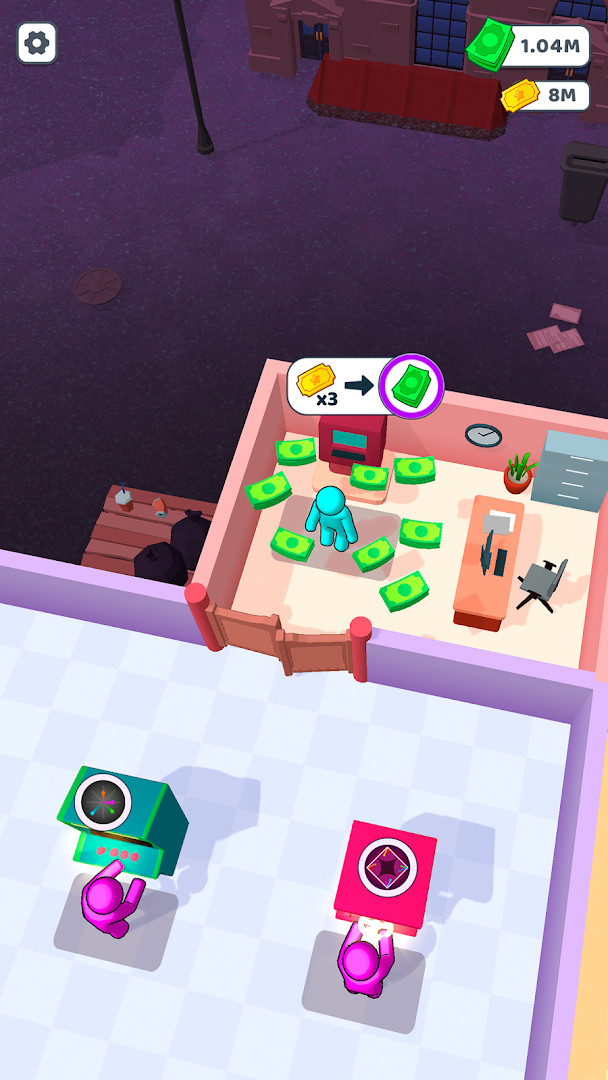 Bouncing Rainbow: Calm Clicker screenshot of a game machine empire with upgrade options.