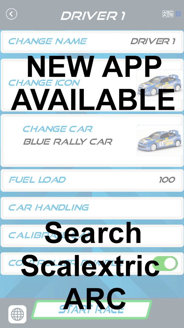 APP RACE CONTROL (LEGACY): race settings menu with options for laps, fuel, and pit stops.