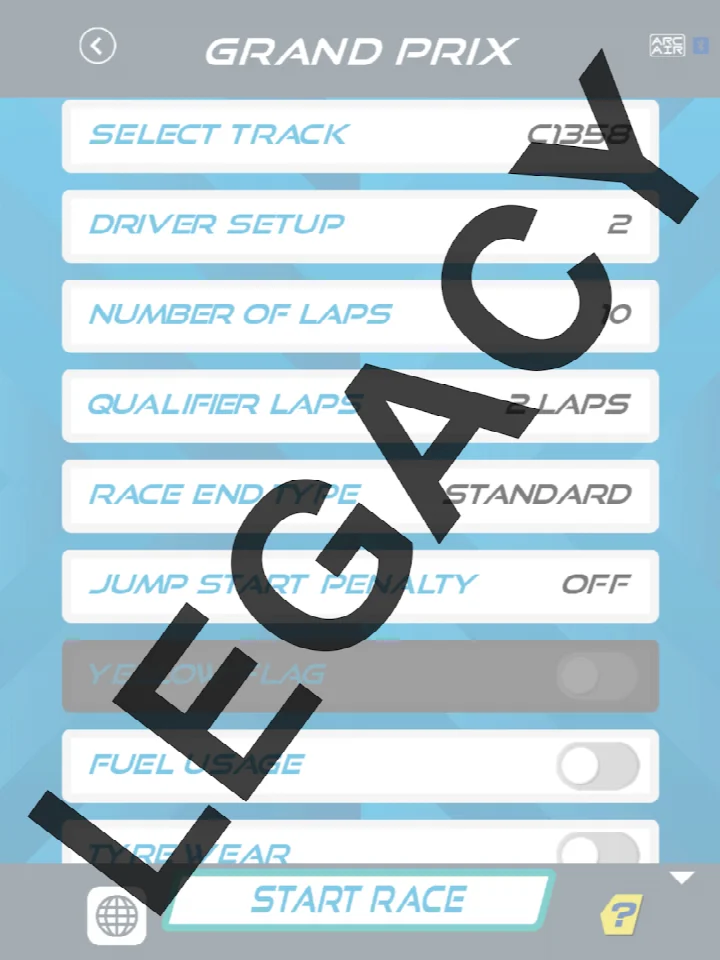APP RACE CONTROL (LEGACY): race results summary with final standings and race statistics.
