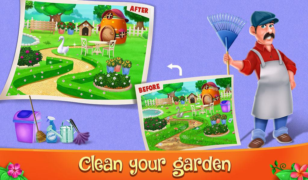 Garden cleaning screen with trash, dirty paths and tools to tidy up